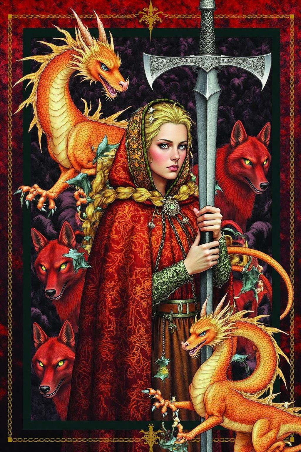 jole1 illustration.A woman with long,  blonde hair styled in intricate braids. She wears an ornate,  fiery red cloak adorn...