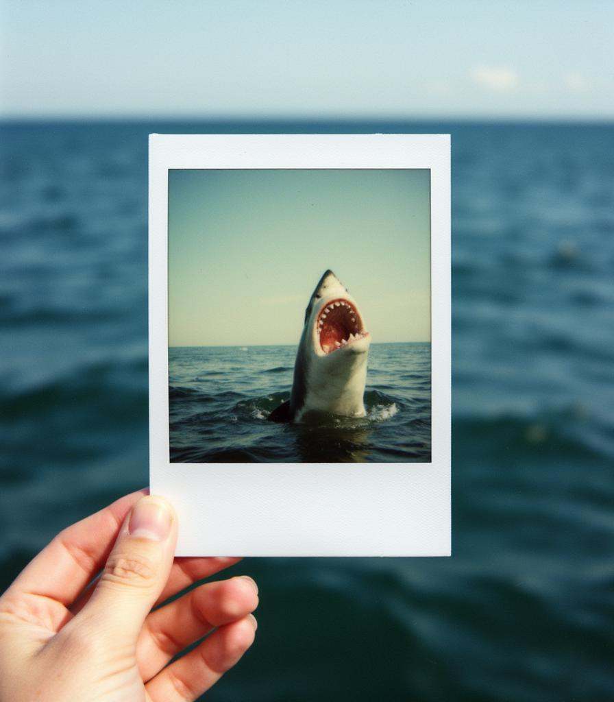 A hand holds a distressed and faded Polaroid photo of a great white shark breaching. The hand holds the photo over the wat...