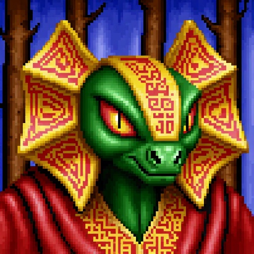 Original HoMM2 style portrait of an anthropomorphic female frilled lizard witch with yellow-red eyes and intricate red pat...