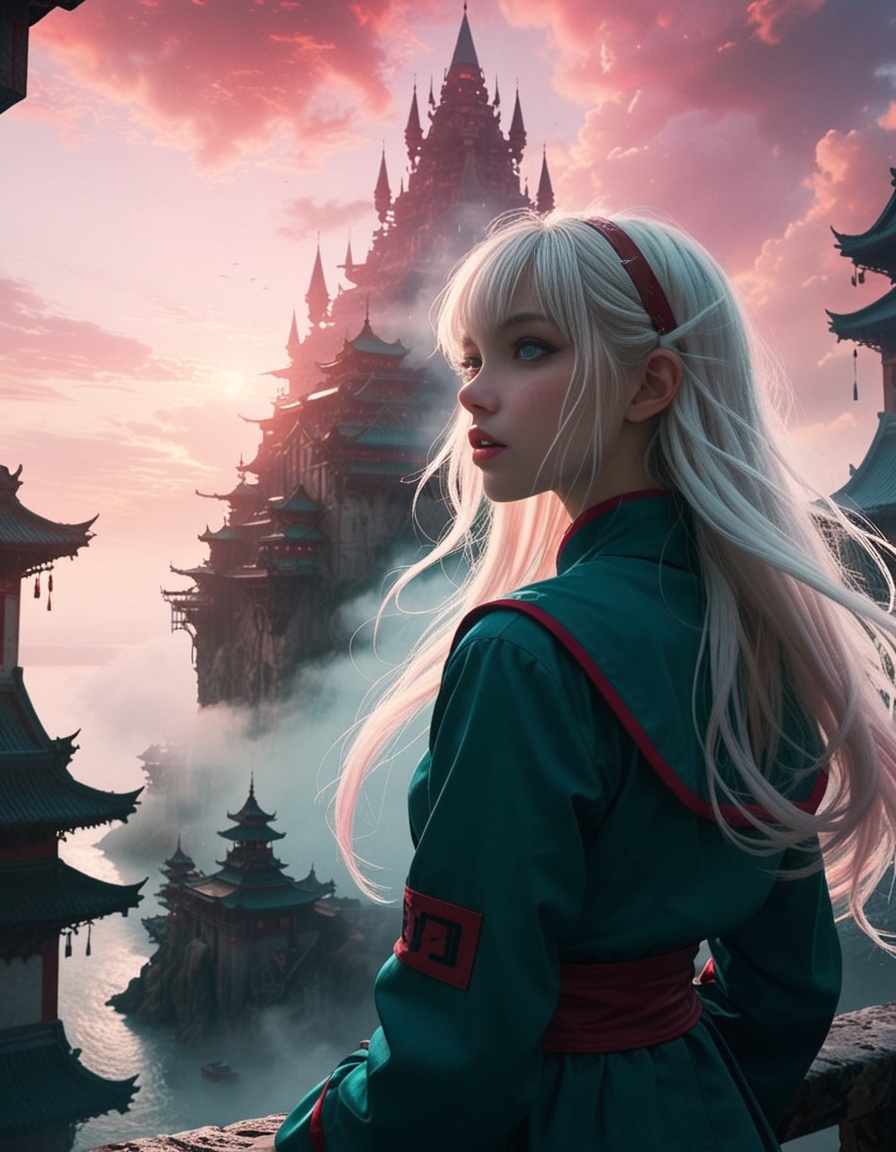 Colors are cherry red subject and bright teal highlights. Lighting is backlight,  low key,  rim light on Tensor.Art