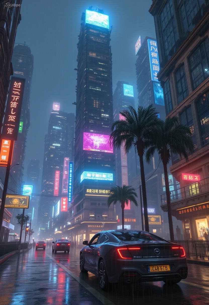 A highly detailed and realistic depiction of a futuristic CyberPunk cityscape at night,  with a rainy atmosphere and vibra...