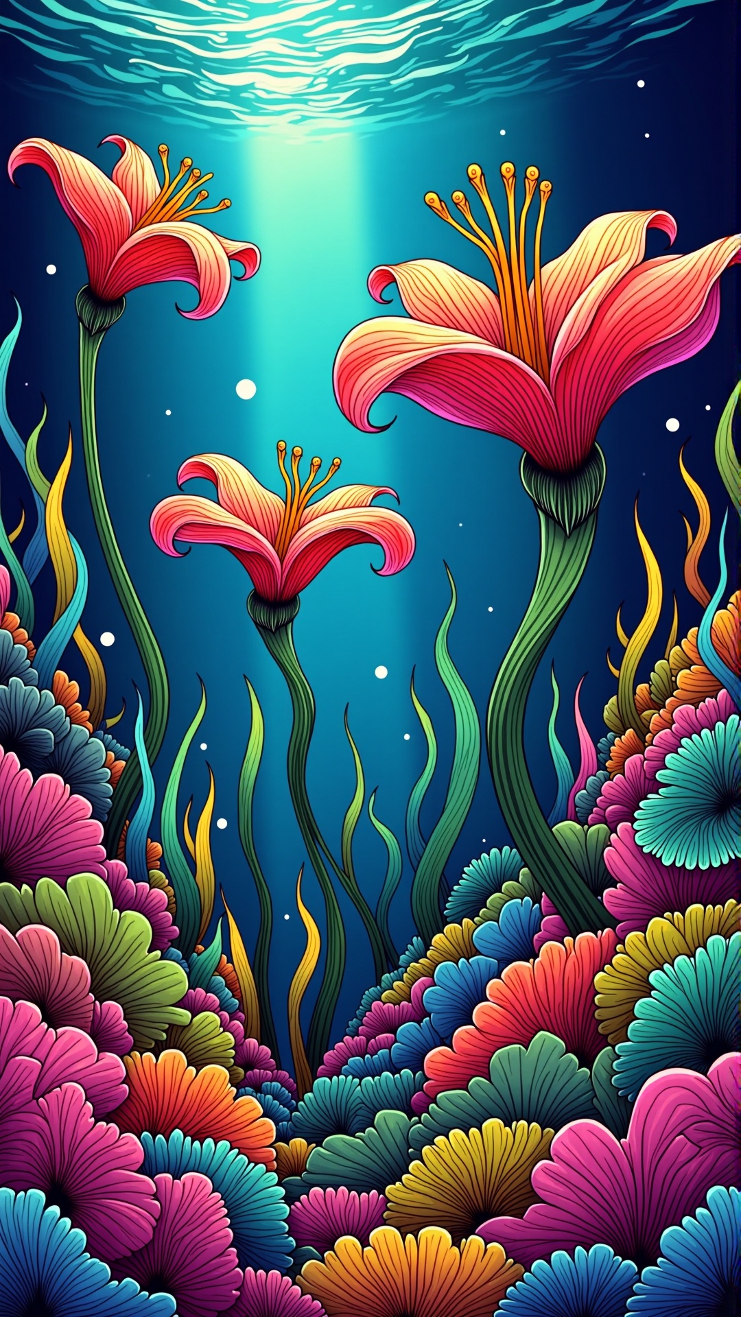 lineart,  colorful,  giant prehistoric sea lilies swaying in the current of an ancient sea on Tensor.Art