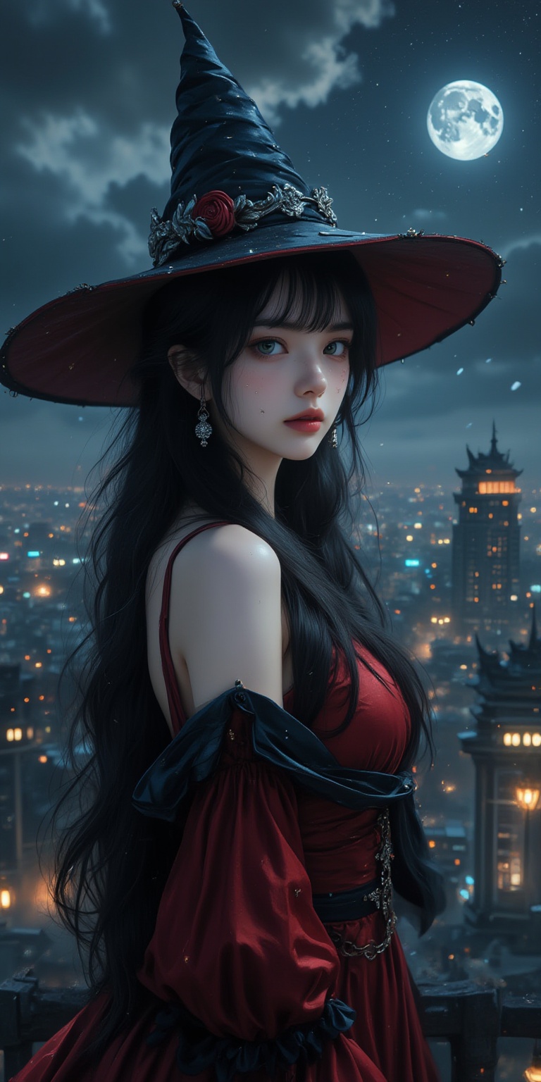 A mysterious witch stands out against the cityscape in the dim light of a bright full moon of magnitude 1.1. She wears a pointed black velvet hat, decorated with intricate details that seem to absorb starlight. Her bangs and sides are white, and her long black hair flows down her back like a burning river. Her piercing green eyes sparkle with an otherworldly intensity, amidst a scattering of freckles that add to her mysterious allure. Her face has a sly expression, as if sharing a secret that only the stars can hear. The witch’s attire is a stunning red velvet blue gown, open and wide, with rolled-up sleeves that reveal her elastic arms and mysterious aura. The city buildings tower around her like sentinels, their steel and concrete façades a stark contrast to the spiritual beauty before us. As she looks directly into our eyes, we sense that this witch is no ordinary sorceress. She is a keeper of secrets, a guardian of ancient wisdom, a wielder of dark magic. Top quality, very detailed and delicate details description:1.2,