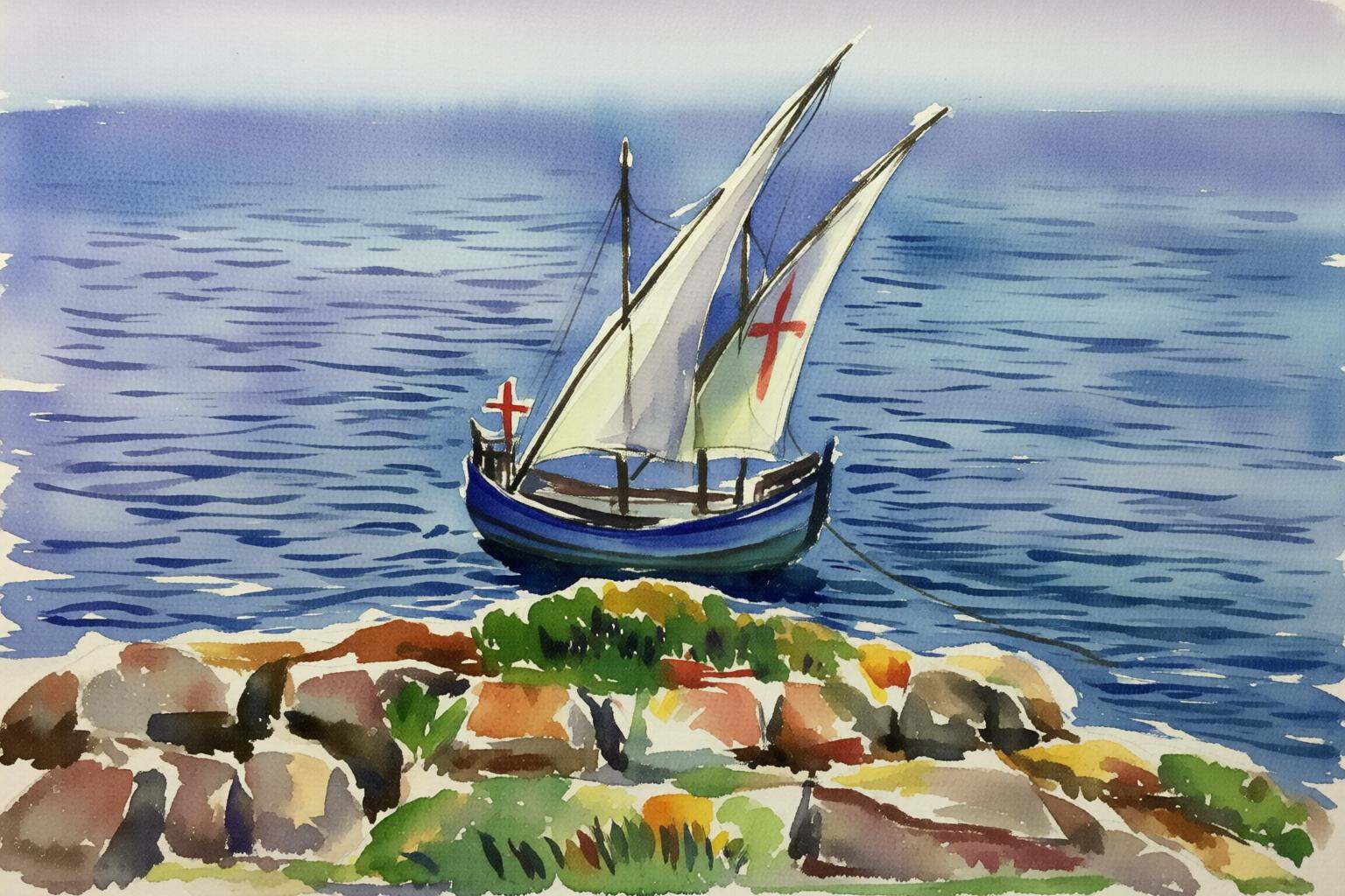 watercolorbasic2q watercolor painting.A coastal scene featuring a small sailboat with white sails and a red cross,  anchor...