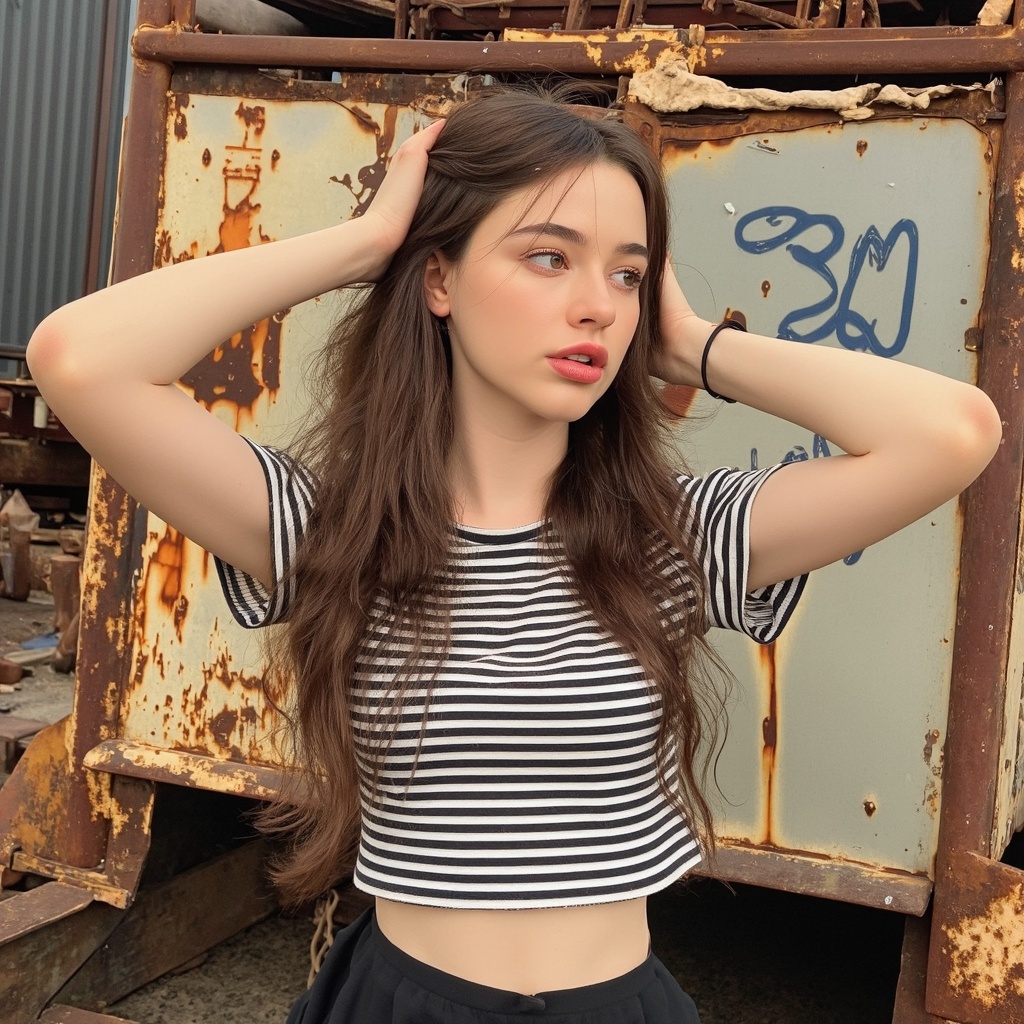 A portrait of dasha_taran standing in front of a weathered,  rusted metal structure. She wears a black and white striped c...