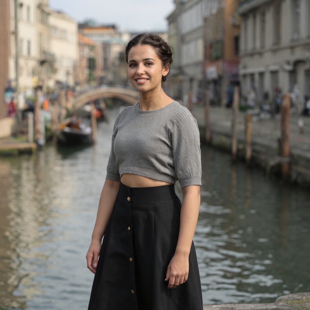 A portrait of naomi_scott standing in a canal. She wears a gray crop top and a black skirt with gold buttons. Her hair is...