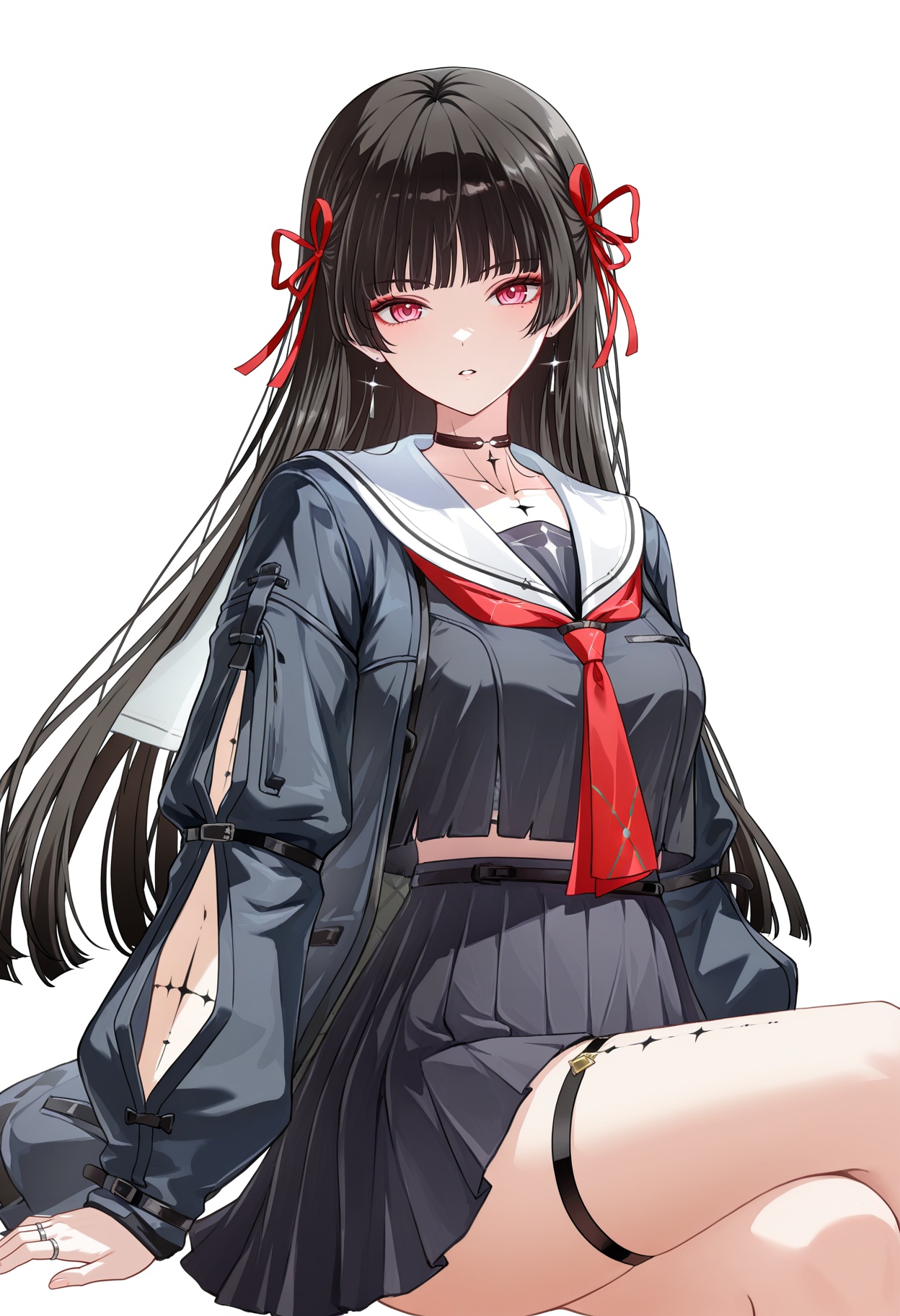 <lora:chisa (wuthering waves)_Illustrious-000128:1>,chisa \(wuthering waves\),solo,skirt,looking at viewer,school uniform,hair ribbon,ribbon,white ring,black serafuku,pleated skirt,choker,black skirt,parted lips,sailor collar,long sleeves,red ribbon,jewelry,blunt bangs,shirt,red neckerchief,black shirt,cowboy shot,black choker,white sailor collar,jacket,white_background,thigh strap,cowboy_shot,front view,sitting,crossed_legs,