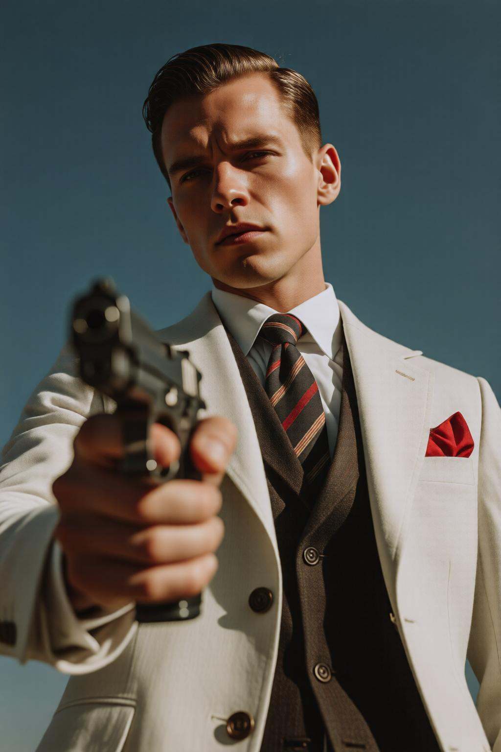 midjourneylowangle11q Low angle shot. A man with slick back hair,  holding a gun. He is dressed in a formal suit with a wh...