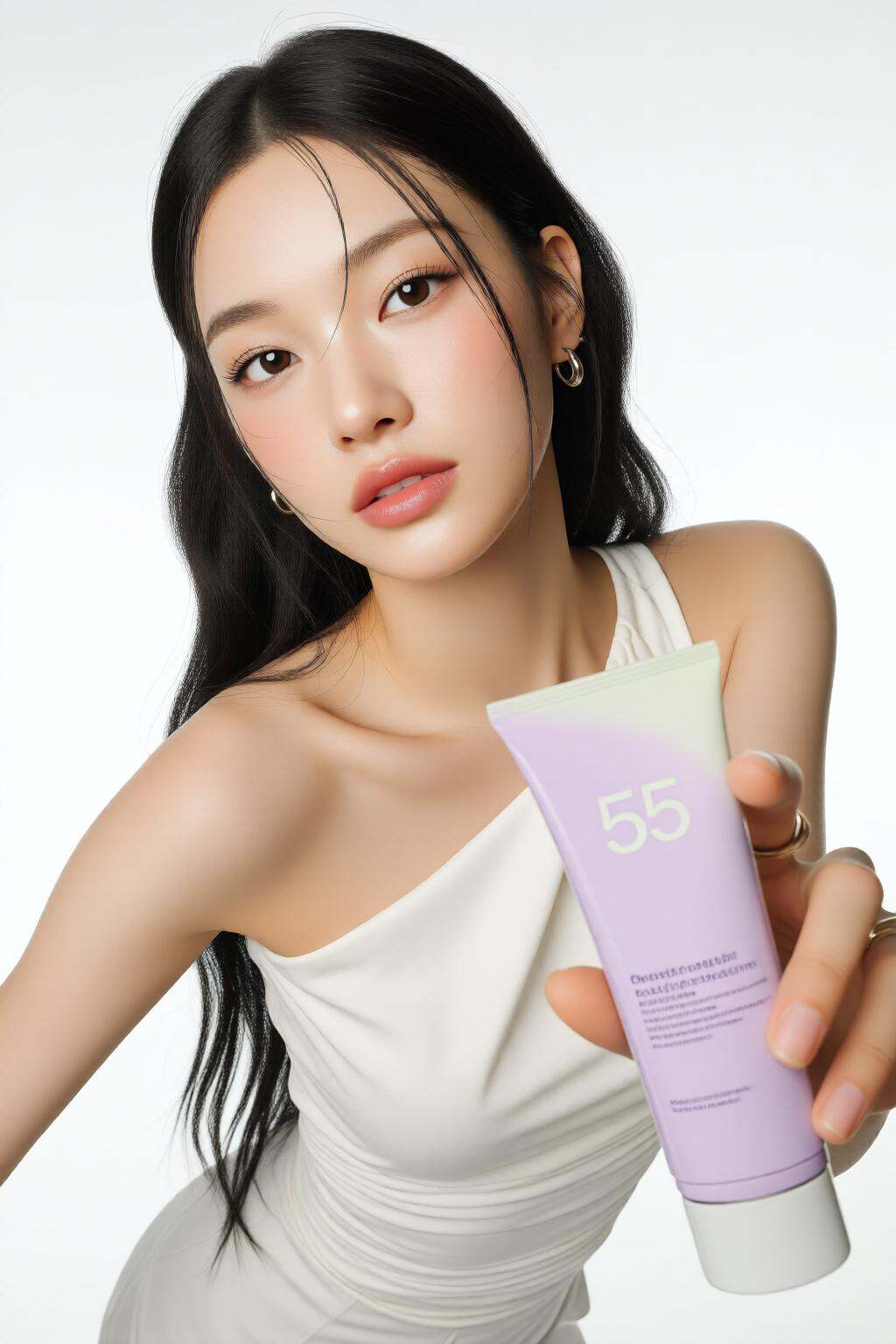 midjourneyhighangle13q High angle view. A young Korean woman wearing a white,  one-shoulder dress with a smooth,  ruched t...