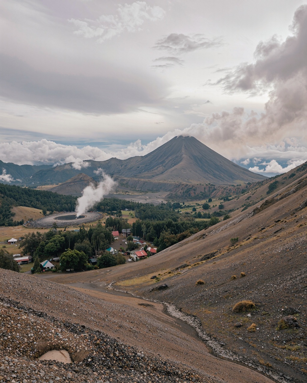 This photograph captures an awe-inspiring view of the active volcano Mount Bromo in Indonesia,  set against a backdrop of...