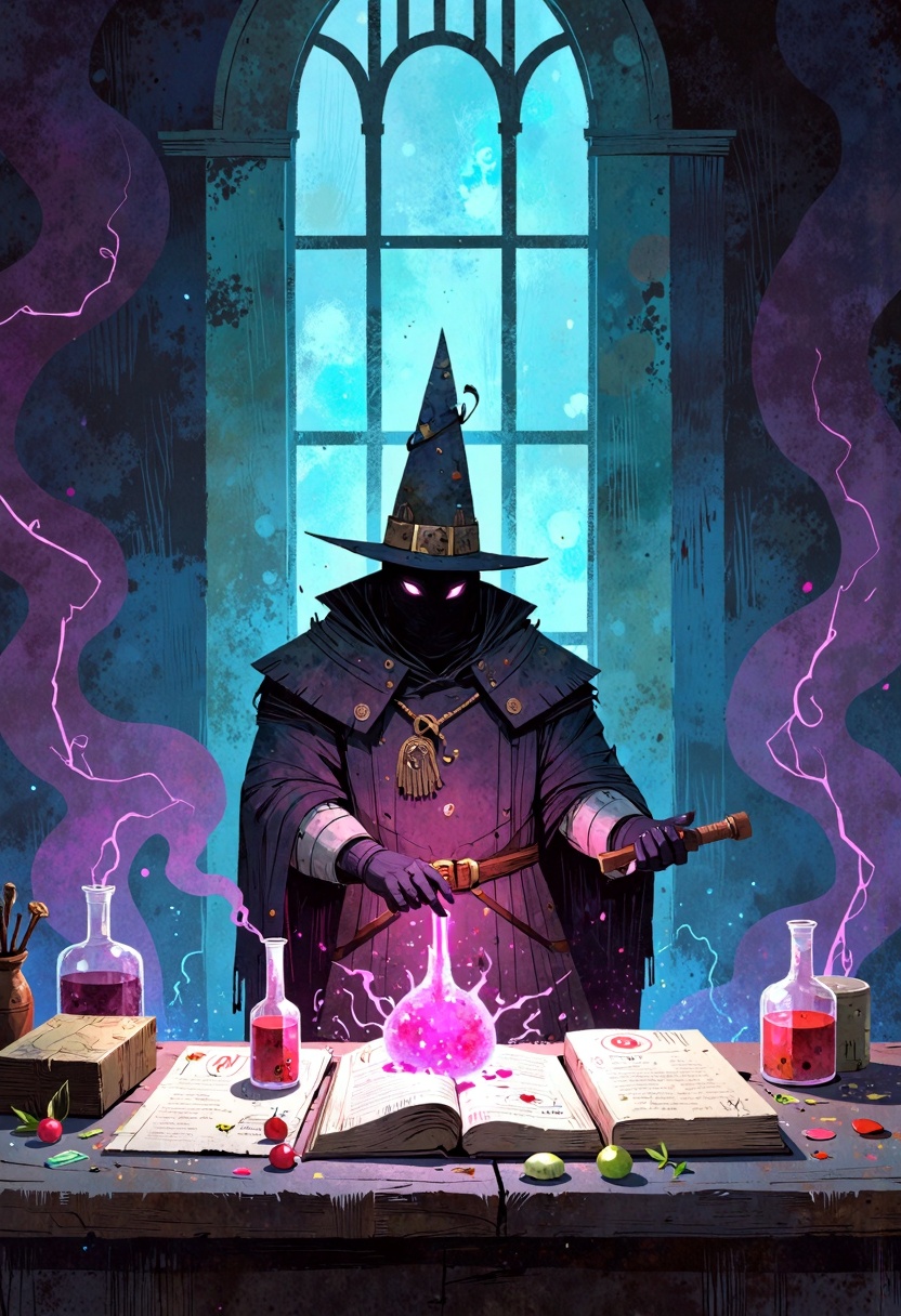 ppstorybook,  A sorcerer’s workshop filled with glowing potions,  spell books on Tensor.Art