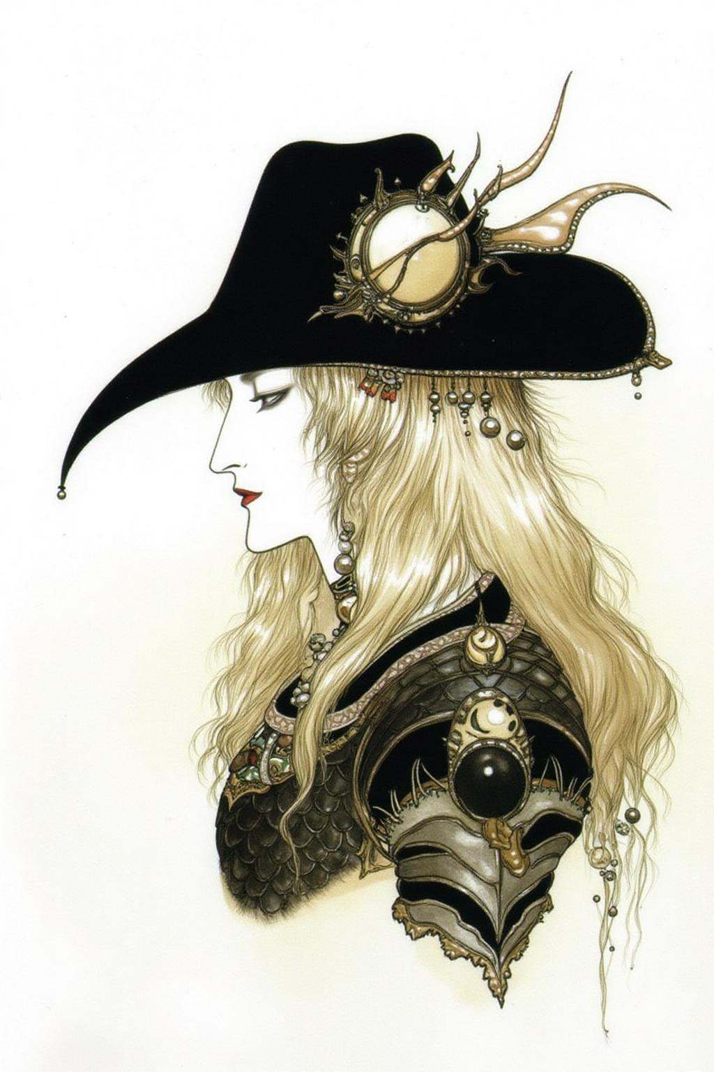 amayo illustration.Side profile view of a man with long,  flowing,  wavy hair that cascades down to his waist. His hair is...