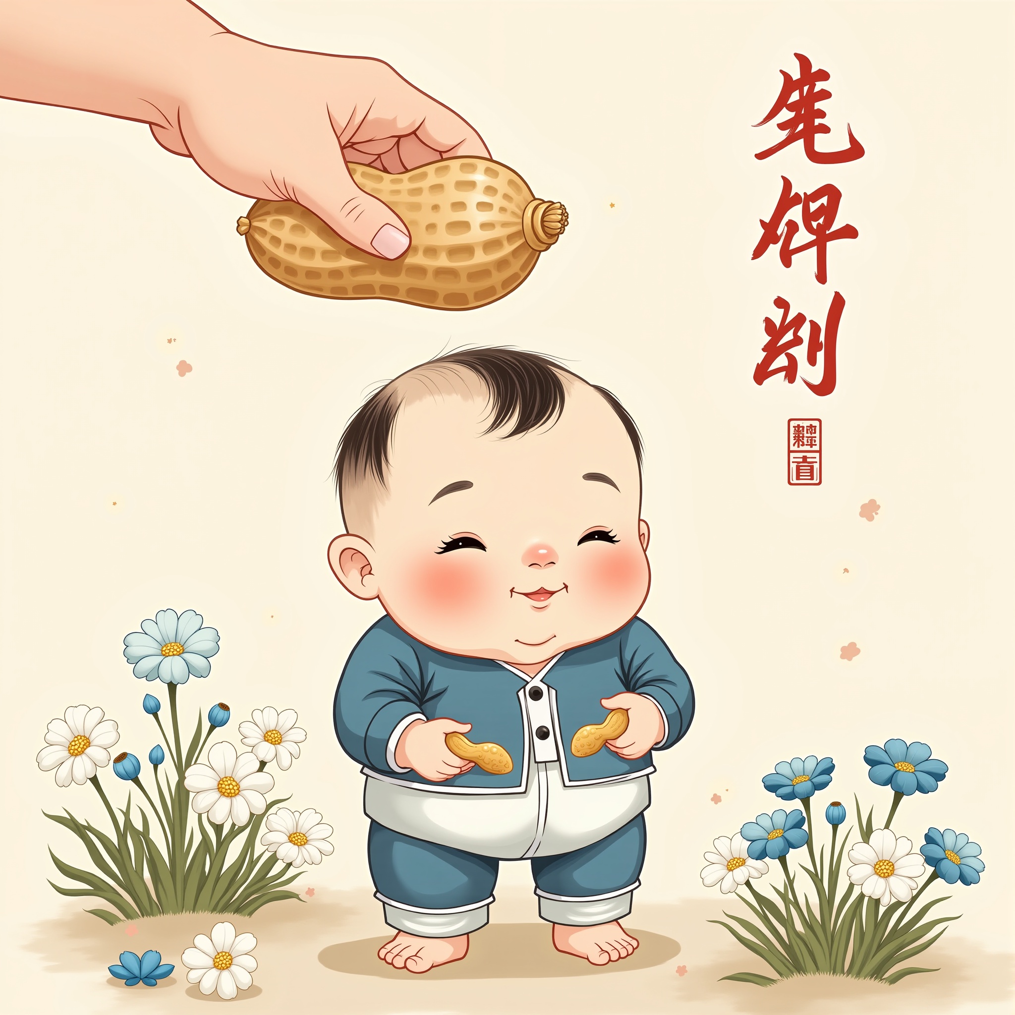 This is a digitally drawn illustration in a traditional Chinese style, featuring a chubby baby with light skin and dark hair, wearing a blue and white outfit. The baby is standing on a textured ground with a cluster of white flowers in the lower right corner. In the top left, a large hand, possibly a human hand, is holding a large, light-brown peanut above the baby's head. The baby is holding two smaller peanuts in its hands, looking content. The background is a light beige, and the scene is set in a garden with blue and white flowers, adding a serene, pastoral feel to the illustration. Traditional Chinese calligraphy in red and black characters is visible in the top right corner, adding a cultural touch to the artwork. The overall style is soft and delicate, with detailed shading and intricate textures, showcasing the baby's chubby cheeks and the petals of the flowers.<lora:水墨风-10:0.8>