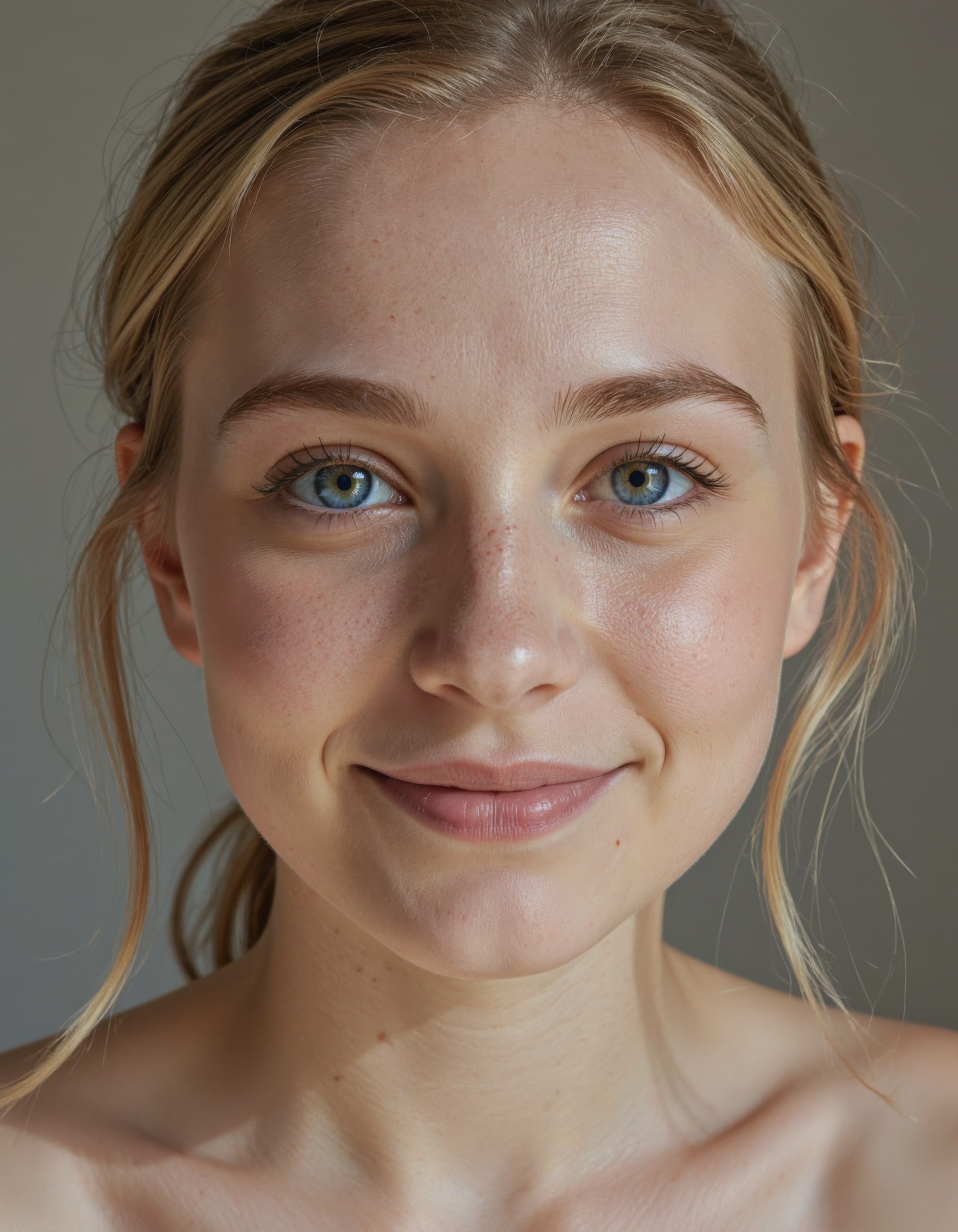 young woman with a smooth youthful face,  upper body captured as she stares directly at the viewer with soulful reflective...