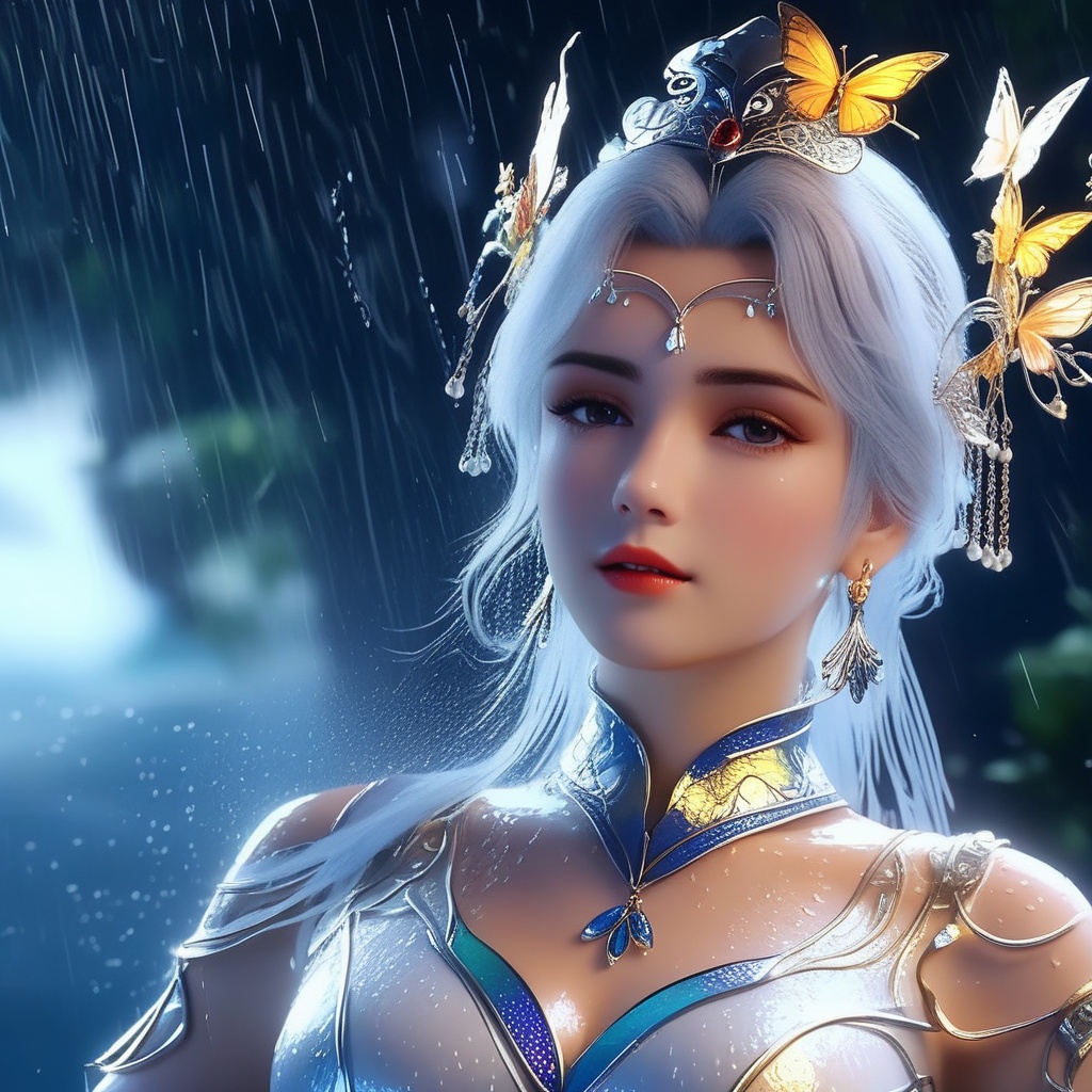 <lora:838-DA-XL-百炼成神-宁雨蝶-成年:0.8>, (,1girl, ,best quality, ),, ,ultra detailed 8k cg,   ,masterpiece((((1girl, solo,  , ,solo focus, wet,sweat, ocean,rain, water drop, )))) (, , sweatdrop, flying sweatdrops, sweating profusely,colorful drop \(module\), )   clean, masterpiece,     cinematic lighting, cinematic bloom,   , unreal, science fiction, luxury, jewelry, diamond, gold, pearl, gem, sapphire, ruby, emerald, intricate detail, delicate pattern, charming, alluring, seductive, erotic, enchanting, hair ornament, necklace, earrings, bracelet, armlet,halo,butterfly,