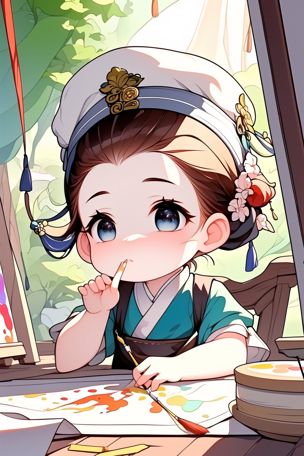 (masterpiece, top quality, best quality, official art, beautiful and aesthetic:1.2), <lora:1.5-万能治愈绘本-000008:0.8> Close-up of Zhang Zao's fingers dipping in paint and painting on the white silk.