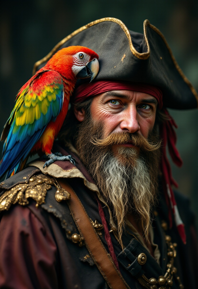 Realistic photo of a colorful parrot sitting on the shoulder of a ragged,  long-bearded pirate. on Tensor.Art