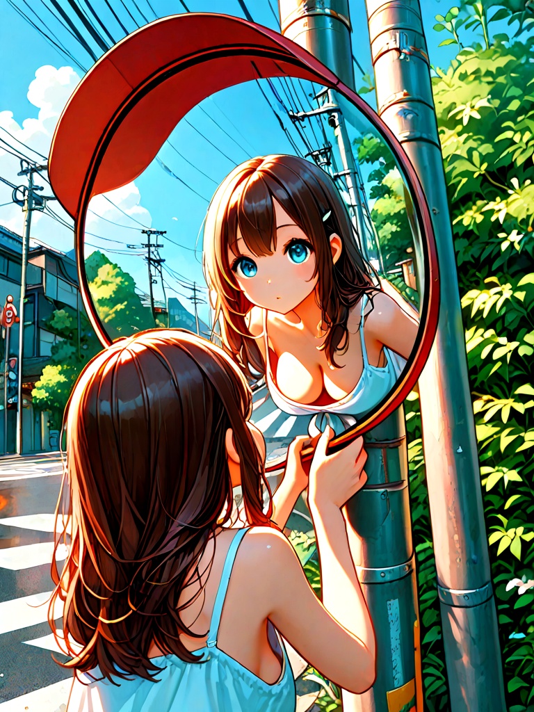 convex mirror,  traffic mirror,  utility pole on Tensor.Art