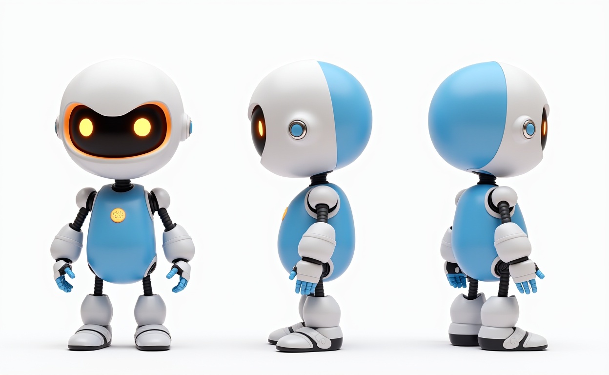 miluo_sst,cartoon, A CGI-rendered, adorable humanoid robot with a spherical head, glowing orange eyes, and a white and blue body, displayed from front, side, and back views. ,three-view drawing<lora:卡通三视图-flux--1.6:1>
