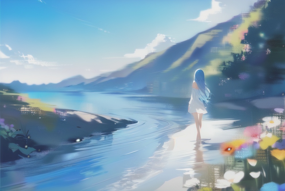 (masterpiece),(best quality),illustration,ultra detailed,hdr,depth of field,(colorful),[artist:wlop],[[artist:sheya]],artist:hiten_(hitenkei),absurdres,4K,extreme detail,panorama,high viewing angle,flower sea plain,colorful flower sea,breeze,a clear stream,shallow stream,mountains in the distance,blue sky shining on the water,rich environmental detailsA girl,blue hair,straight long hair,blue eyes,clear and bright eyes,slender figure,elf earsWearing a white simple dress,off the shoulder,bare_legs,barefoot,Walking in streams,treading water,head_down,light movements,