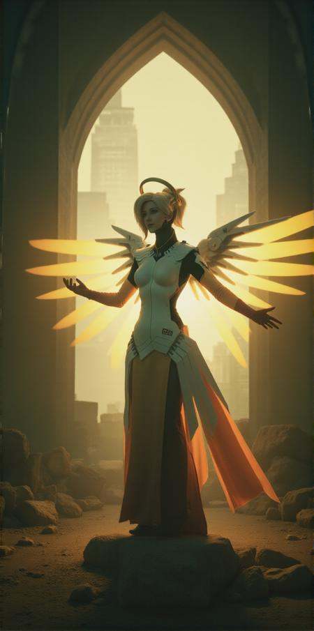 Mercy,  a woman with a halo and wings,  is standing opened arms like a godly figure in a mystical scenery on Tensor.Art