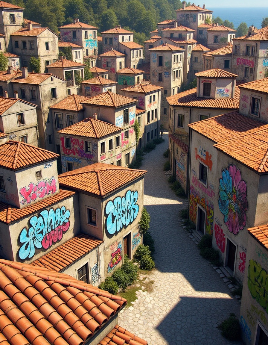 ""Create a highly realistic depiction of a densely packed Mediterranean-style village with vibrant,  colorful graffiti on...