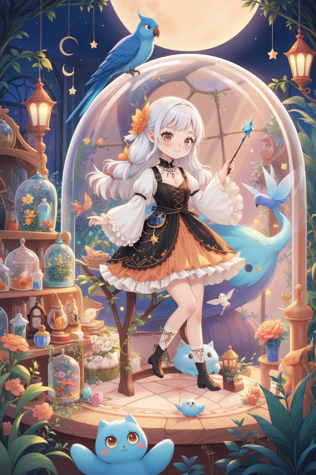 The image is a digital illustration of a fairy tale scene. It shows a young girl with long white hair and a large orange parrot perched on her shoulder. She is wearing a black and white dress with a high neckline and long sleeves. The girl is holding a wand in her right hand and has a big smile on her face.,In the center of the image,there is a large glass dome with a fairy inside,which is filled with colorful flowers and plants. The dome is surrounded by a variety of items,including a blue cat,a pink bird,and a blue birdhouse. There are also several other items scattered around the room,including bottles,jars,and other decorative items. The background is a dark blue night sky with stars and a crescent moon. The overall mood of the illustration is whimsical and magical.,