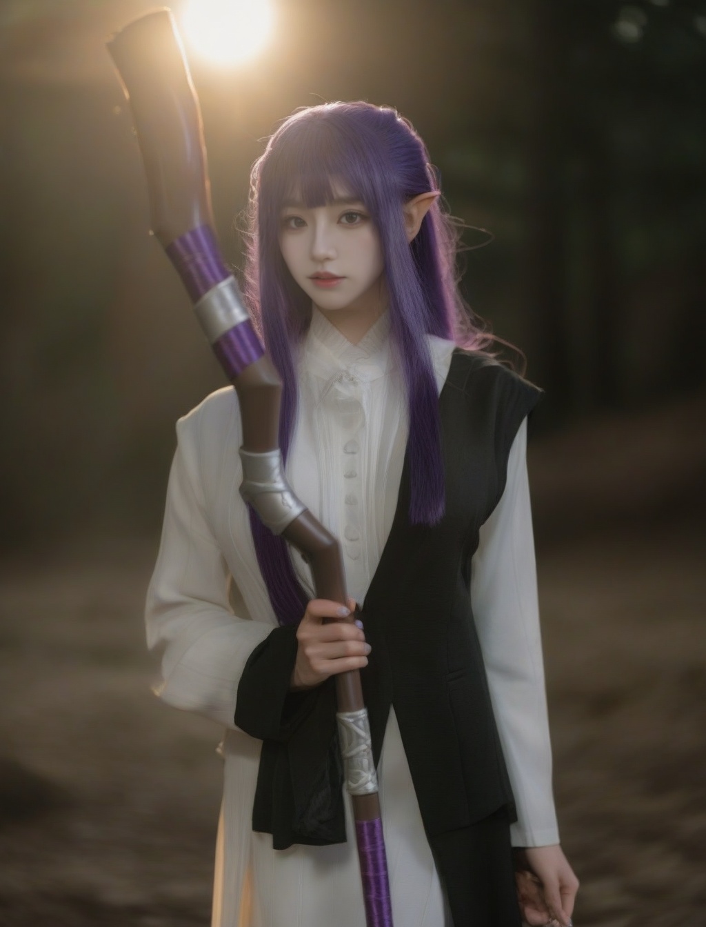 expressionless,<lora:Philen-000007:0.8>,HDR,absurdres,lens flare,(film grain:1.1),pov, looking at viewer,soft fill lighting,love,Dark Elves,OverallDetailXL,Philen is Wearing a white dress and a black jacket with purple hair held a purple stick in her hand,