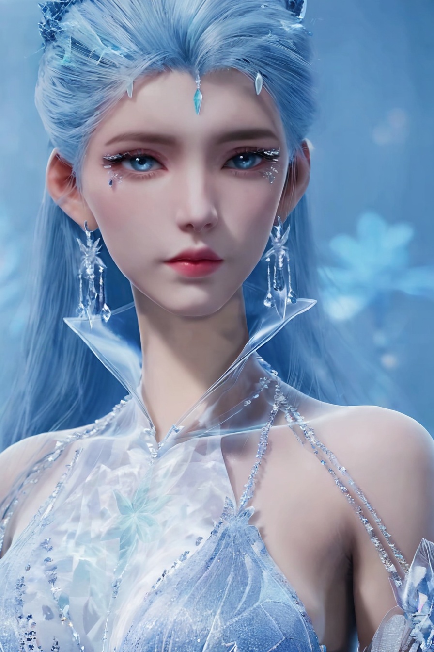 score_9,score_8_up,score_7_up,incredibly absurdres,<lora:SF_XueNv_Pony-000005:0.7>,1girl,solo,dress,large breasts,LightSkyBlue hair,lips,jewelry,earring,long hair,looking at viewer,white background,crystal,gem,