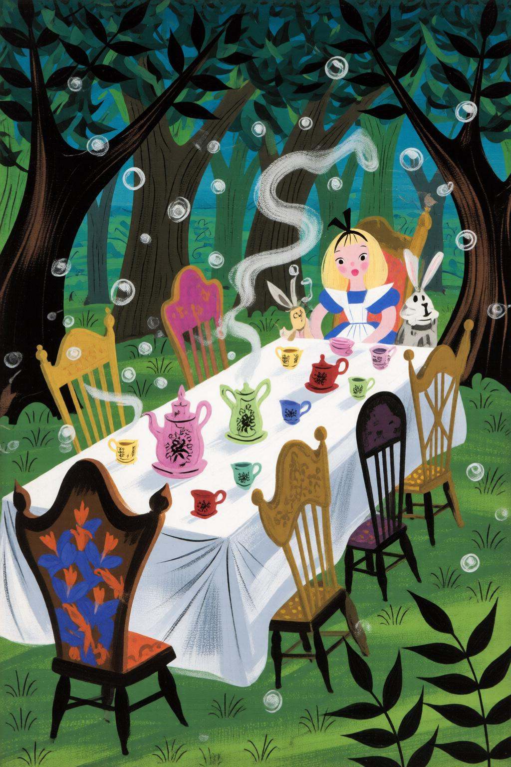 maryblair4q illustration.A tea table in a forest setting,  covered with a white tablecloth and various teacups and teapots...