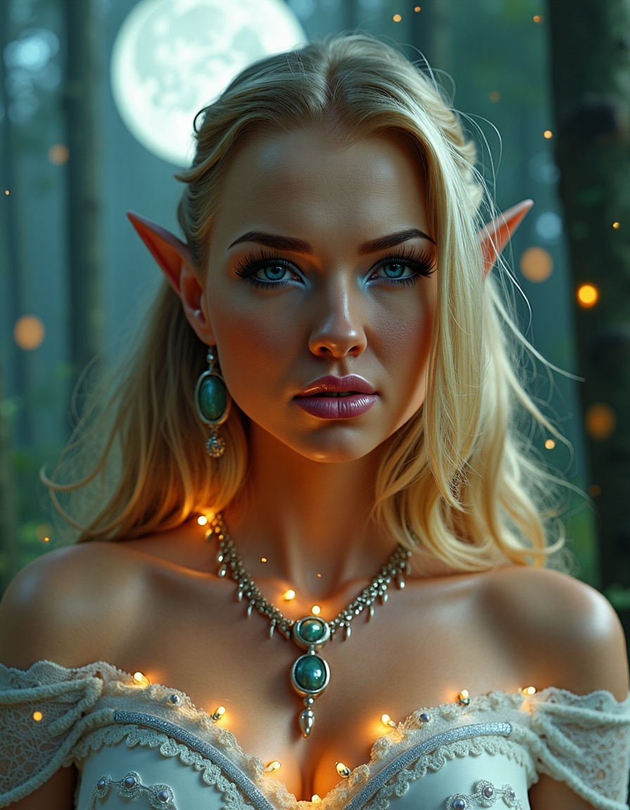 A hyperrealistic portrait of a regal elven queen with high cheekbones and deep emerald eyes,  standing beneath the glowing...
