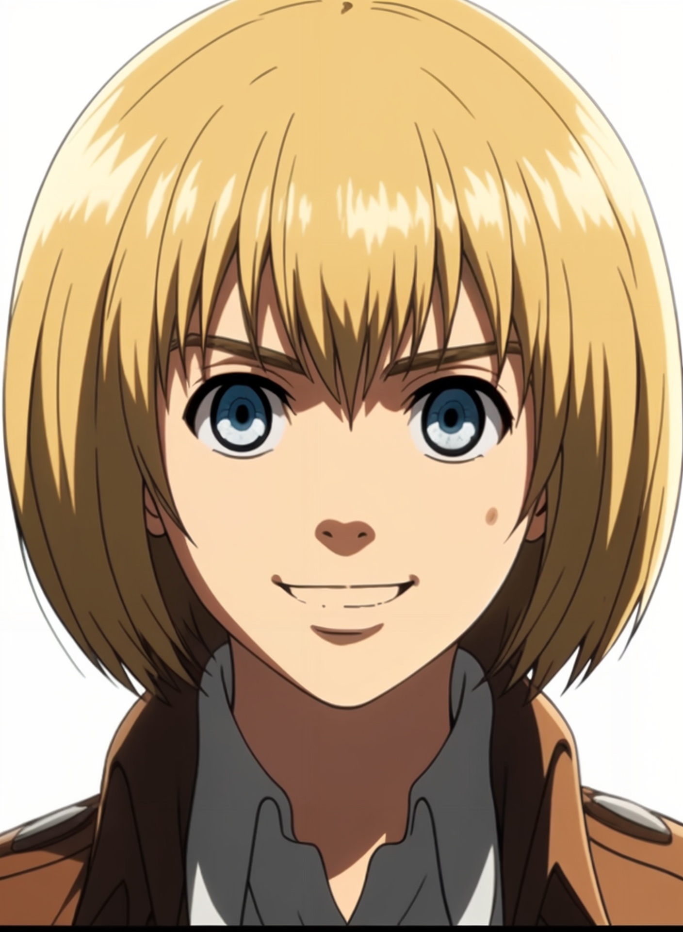 golden hour,highly detailed,ultra-high resolution,32K UHD,sharp focus,best-quality,masterpiece,Emotionalization,with a high-end texture,incredibly absurdres,Cinematic Lighting,<lora:阿明-000024:0.6>,aming,1boy,solo,armin arlert,male focus,blonde hair,blue eyes,paradis military uniform,smile,white background,looking at viewer,letterboxed,uniform,jacket,portrait,simple background,short hair,