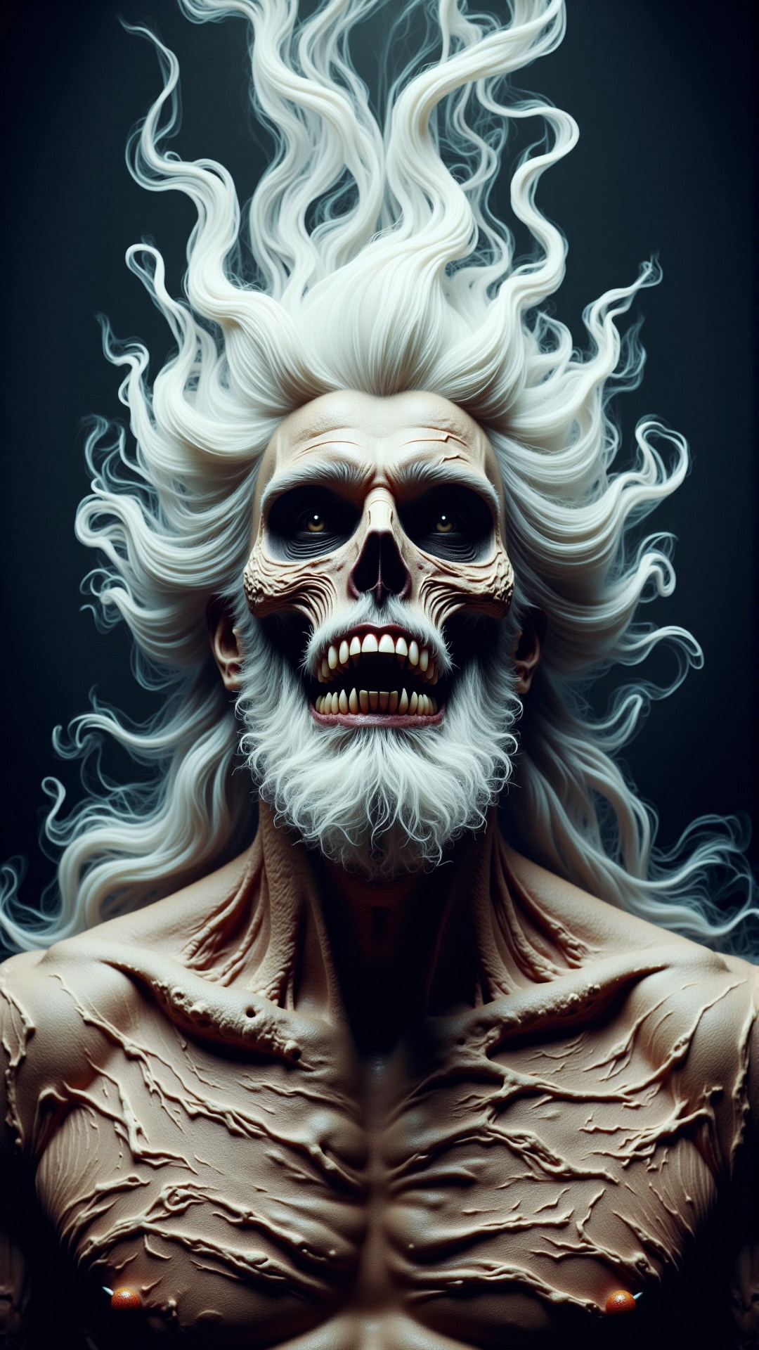 A stunning horror a professional photography,  realistic photo of a dark cursed macabre incisors portrait of rugged zeus,...