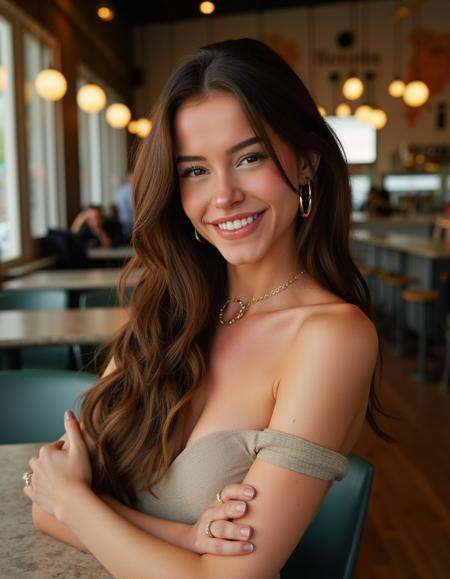 The image is a photograph of a woman with long hair,  makeup,  wearing a dress standing in a cafe. looking a the viewer on...