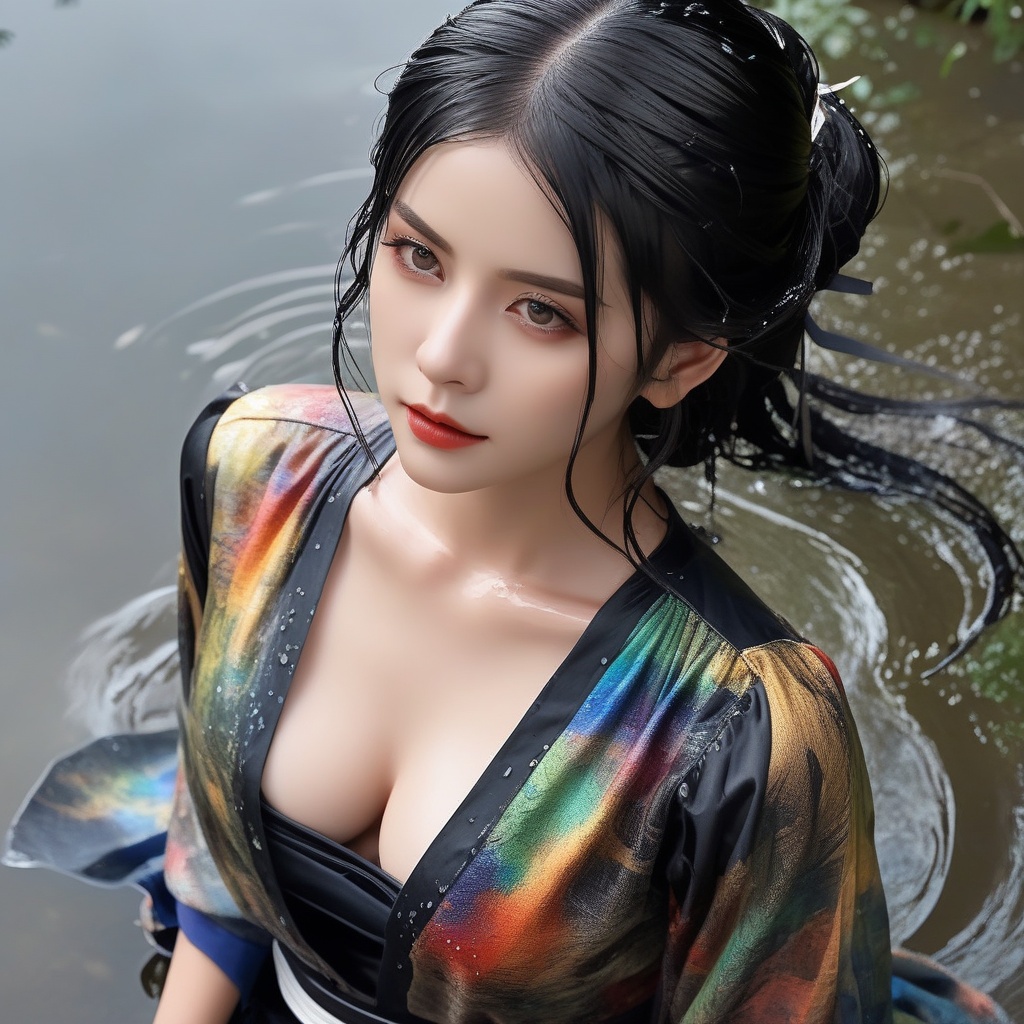 (,1girl, ,best quality, ),,  ,(Highest picture quality), (Master's work), , (ultra-detailed), the portrait is centered, 1girl, raiden shogun, nsfw, (wet clothes), blush, bare hips, (sheer shirt), (from above:1.7), (translucent dress), water drop, (rain), (outdoors), stained, wet hair, wet dress, wet, scenery, (long hair), nature background, close up, ((on back)), water,masterpiece, best quality, ultra high res, highly detailed, (abstract expressionism art:1.4), [girl | fire ghost:10], love,, dark rainbow theme, colorful, visually stunning, beautiful, gorgeous, emotional, intricate, perferct shading, rainbow hair,upper body,(cleavage),, <lora:823-DA-XL-国模-恶女-VIVI:0.8>,