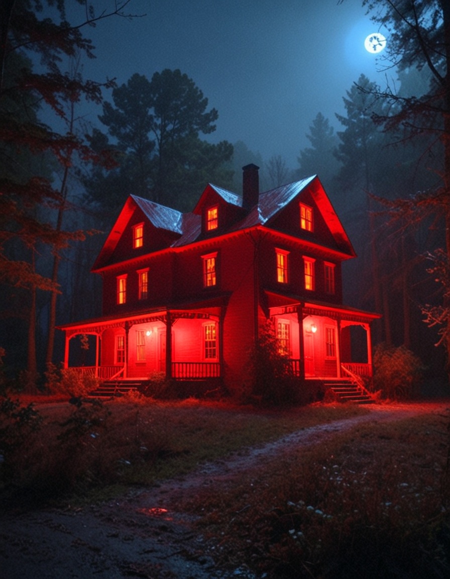 (biggest qualiity,  masterpiece,  absurdres) a red house in the forest at night on Tensor.Art