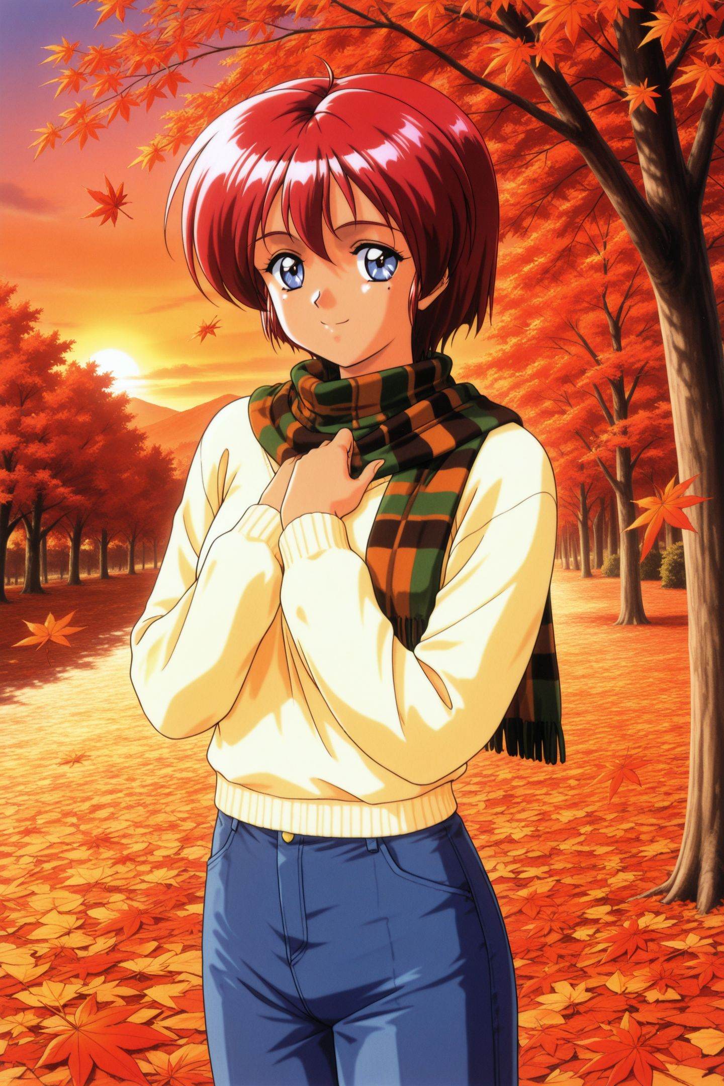 Original Style,Hinomoto Hikari,1girl,solo,mole under eye,1990s \(style\),red hair,retro artstyle,short hair,blue eyes,sweater,smile,pants,long sleeves,in autumn,maple leaf,sunset,kaza,hands on own chest,scarf,<lora:Tokimeki Memorial 2_illustriousXL_v2:1>,