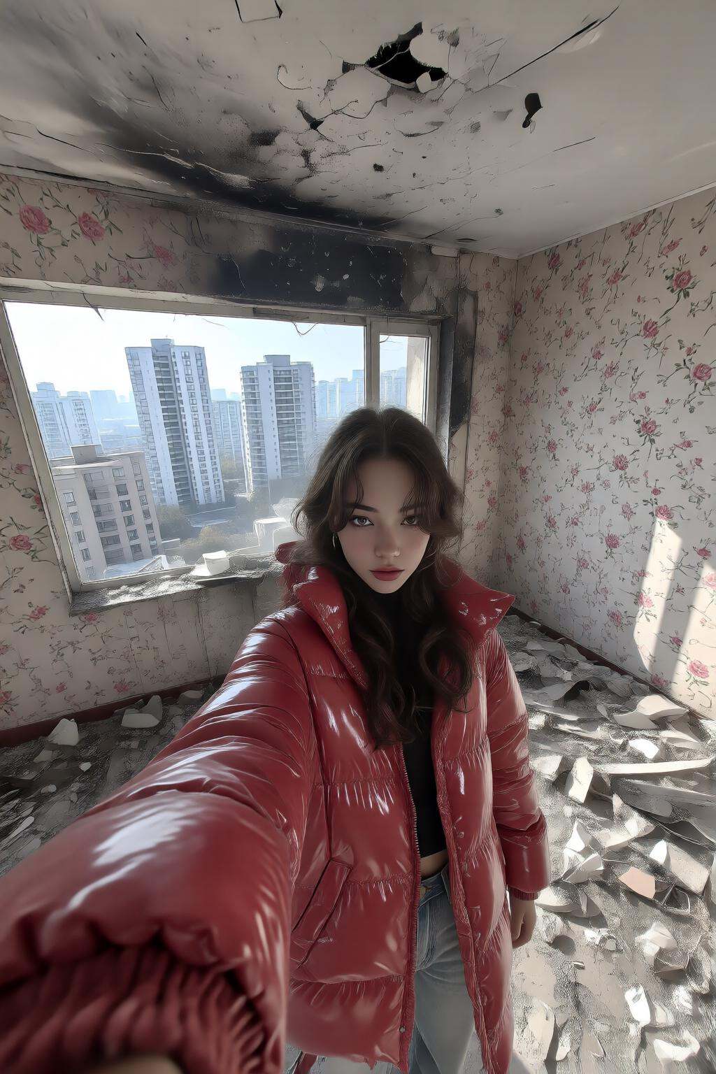midjourneyhighangle13q High angle view.A young woman with wavy long hair is standing in a room that appears to be in disar...