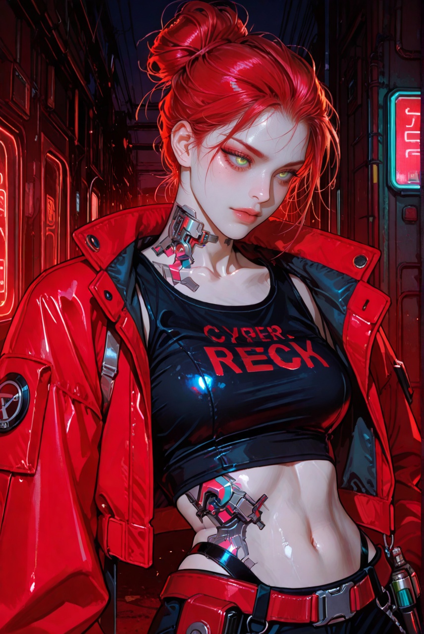 A highly detailed digital illustration of a striking cyberpunk woman with porcelain-pale skin,  a slender yet muscular bui...