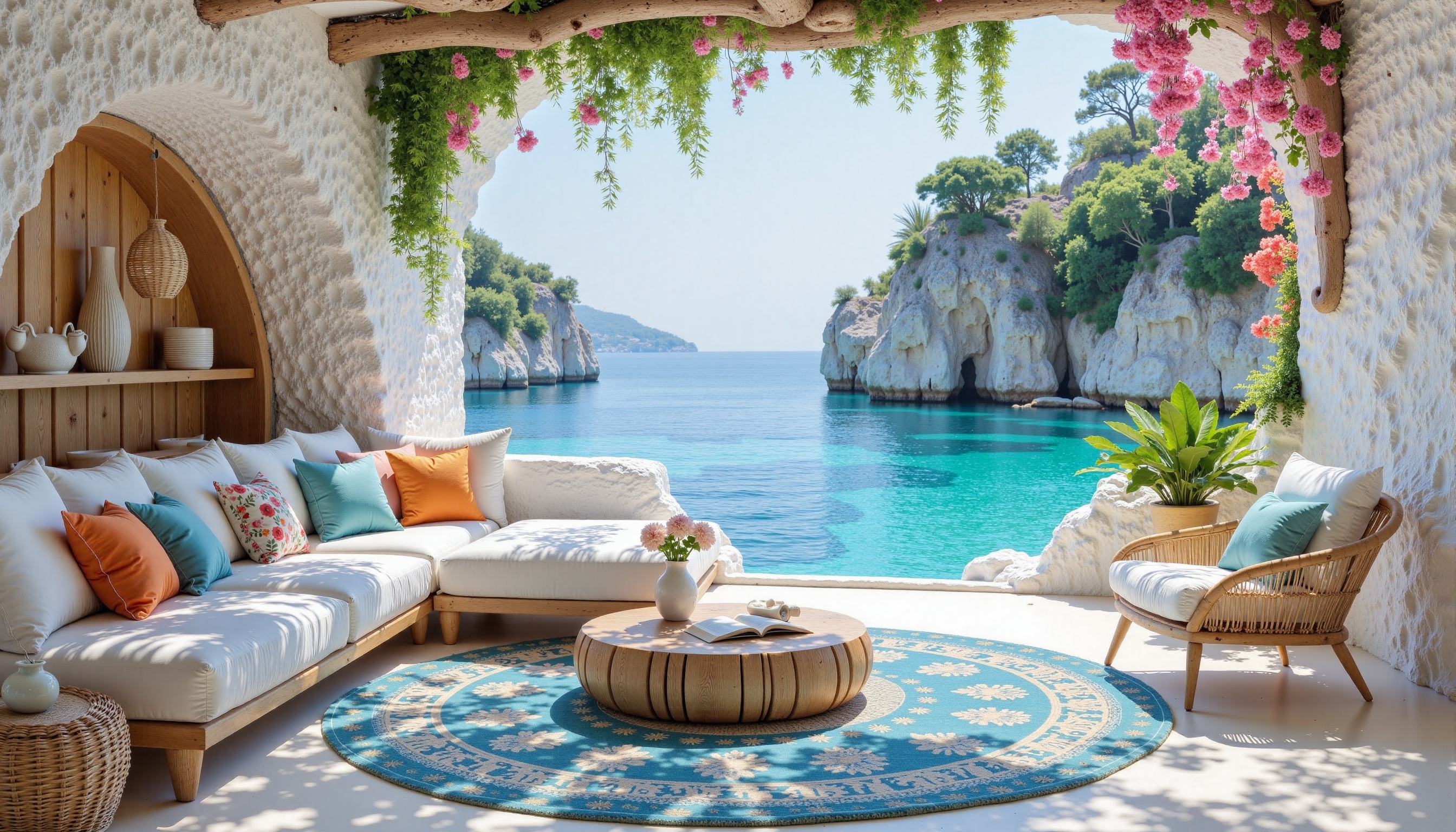 bambo0,  A vivid,  sunlit outdoor seating area features a serene coastal scene. The main subject is a luxurious living spa...