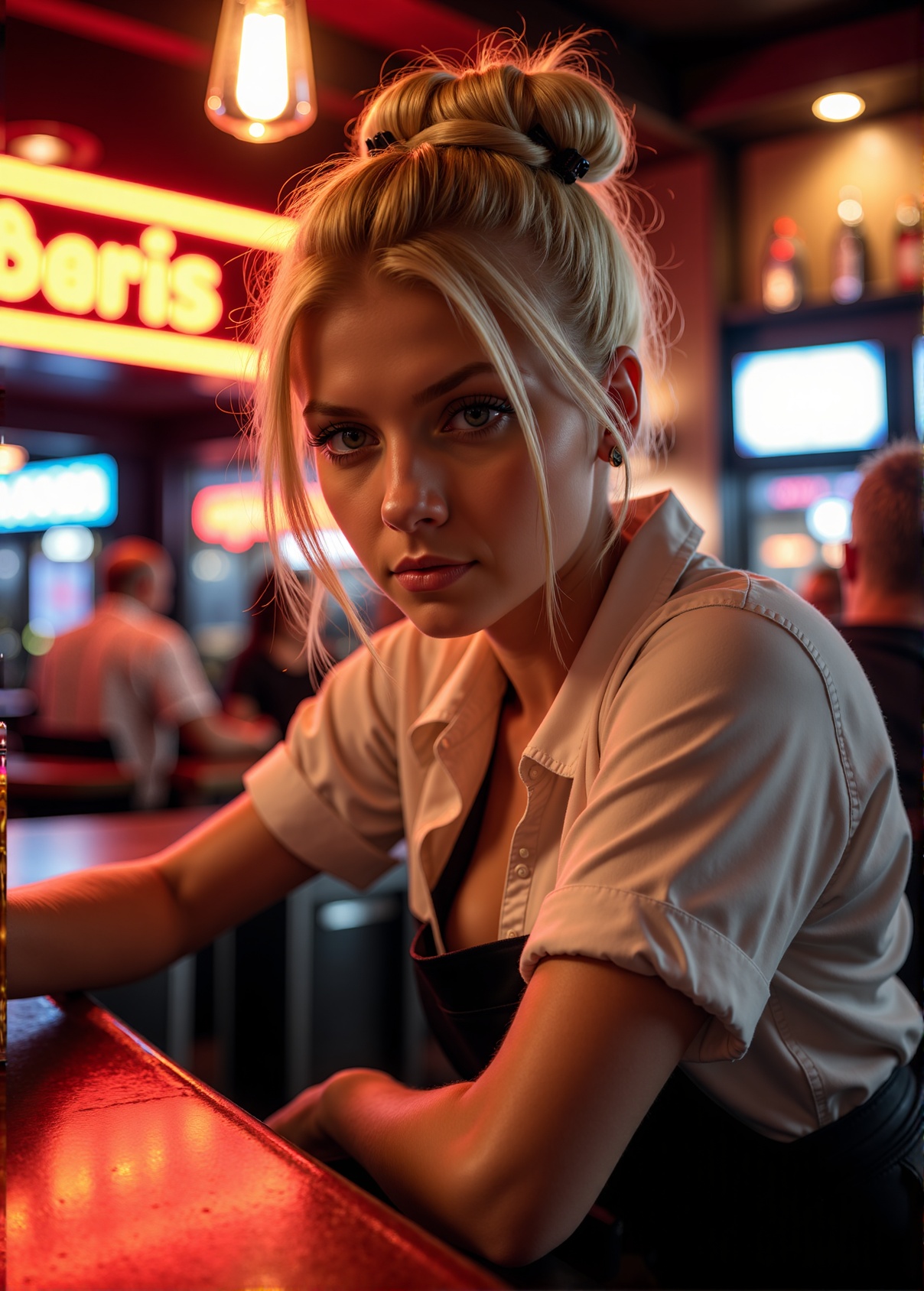 Blonde Hair,  21 years old,  Cute female Waitress serving drinks at a club. Leaning over the bar. Loose shirt on Tensor.Art