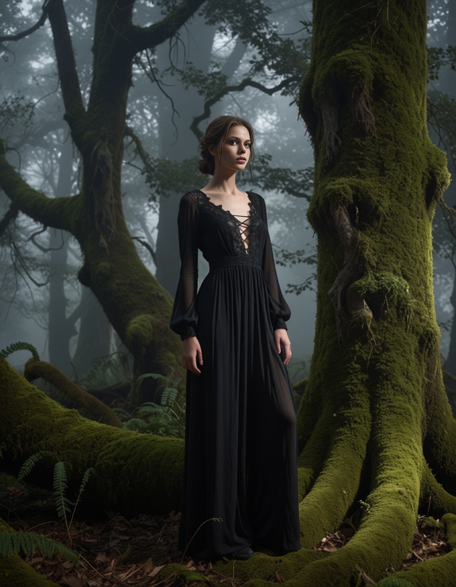 a young woman stands in a dark,  her silhouette stark against the mist-shrouded trees and undergrowth,  eerie forest on Te...