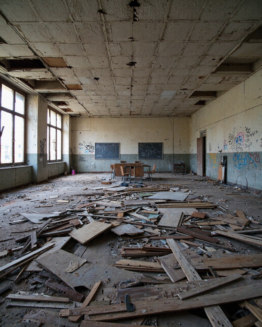 This is a high-resolution photograph depicting an abandoned,  dilapidated classroom within an old school building. The roo...