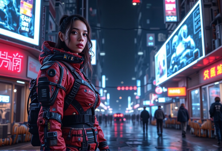 A medium shot of a cyberpunk character in a bustling neon cityscape . The scene is highly detailed and realistic,  capturi...