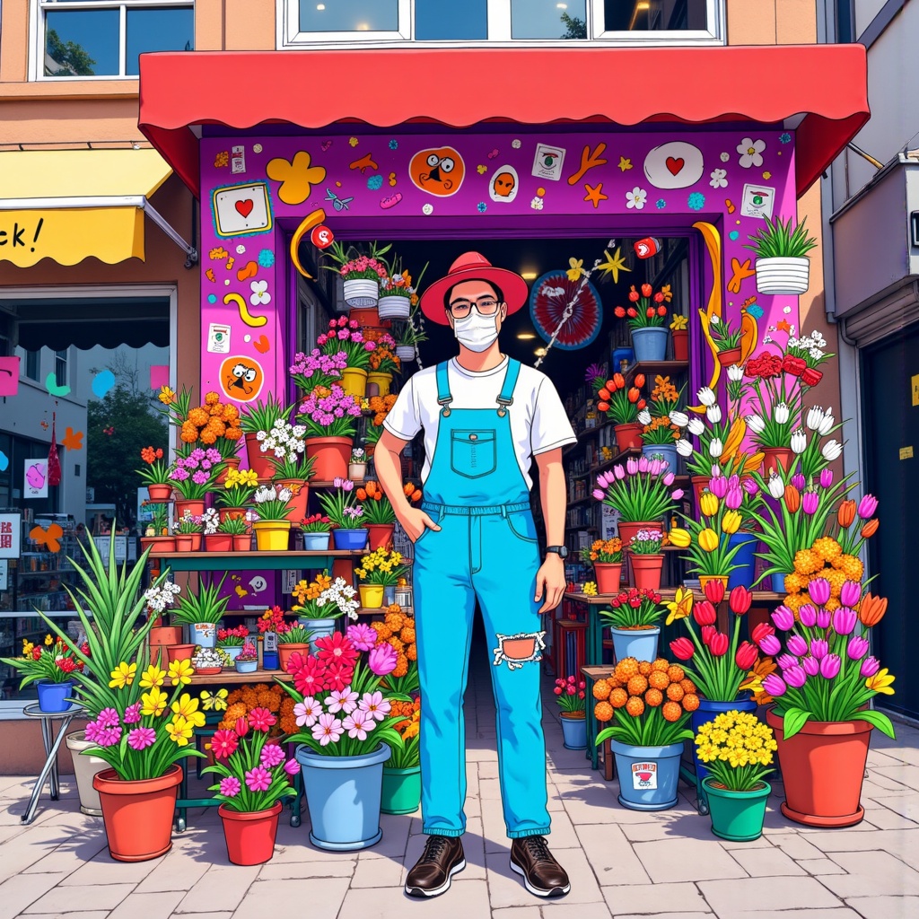 Realitycompositing,there is a man standing in front of a store with a face mask on,james jean and petra cortright,David ****,vivid colorful comics style,artist wearing overalls,vibrant cartoon art,vivid colorful comic style,style of ian hubert,colorful comics style,korean artist,artwork in style of sheng lam,colorful doodle art,victo ngai and tristan eaton,kenny wong x pop mart,juxtapoz aesthetic,illustrated in whimsical style,flower shop scene,trending on artstartion,hsiao-ron,roy lichtenstein and jackie tsai,trending on artstatioin,great use of line work and color,multi-layered artworks,Victor Wang,wonderful compositions,trending on artstration,artist wearing torn overalls,hyung-tae kim,hyung - tae kim,hi - fructose art magazine,art style of noel coypel,trending on artstattion,coloring book style,