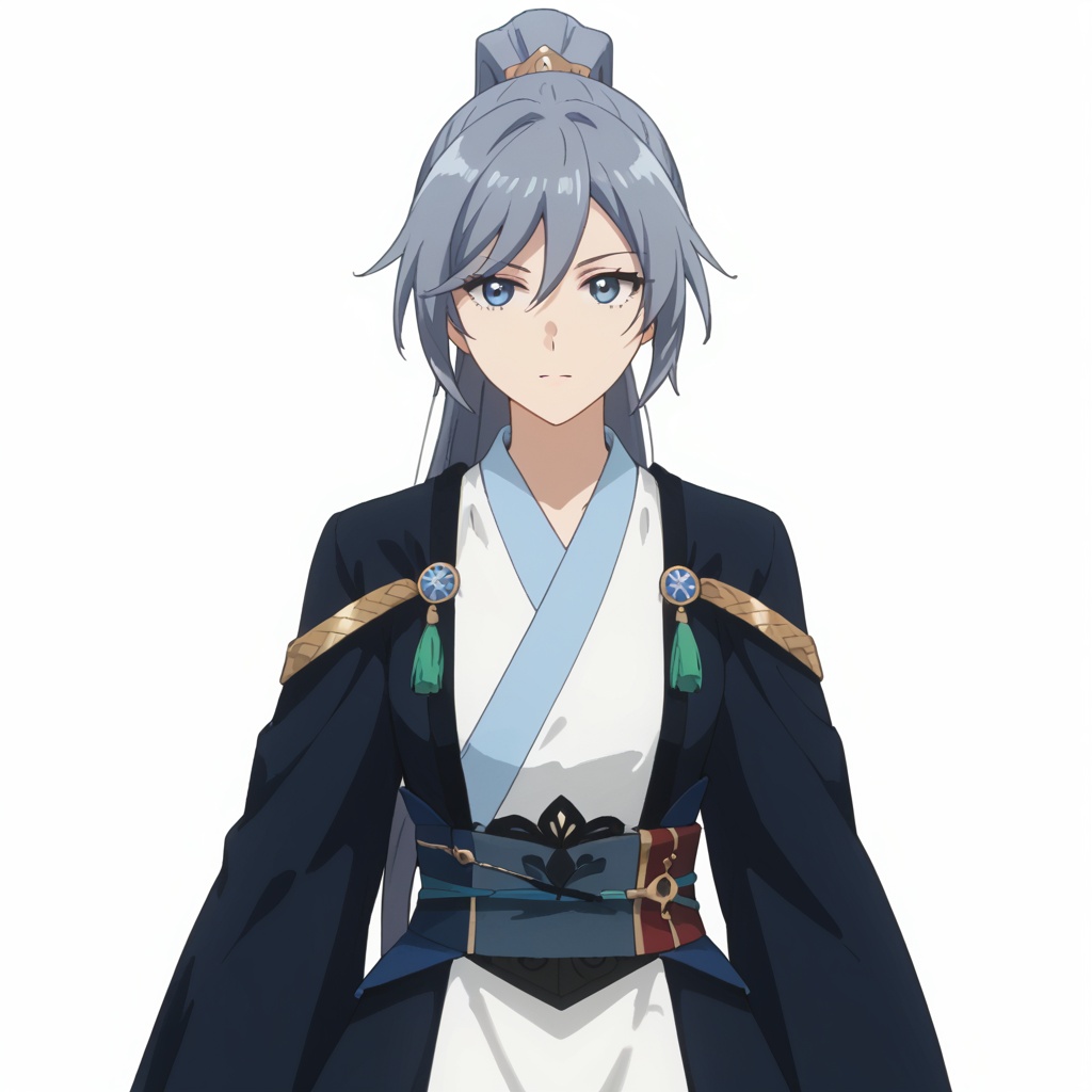 (masterpiece:1.3),(the best quality:1.2),(super fine illustrations:1.2),(Masterpiece),high quality,high detail,(white background:1.2),looking at viewer,(SOLO:1.4),outline,simple background,upper body, cowboy shot,looking at viewer,(((arms at side))),  fu hua animever,fu hua,long hair,bangs,blue eyes,grey hair,blue hair,hair ornament,hair between eyes, ponytail,low-tied long hair<lora:道袍-pony:0.8>