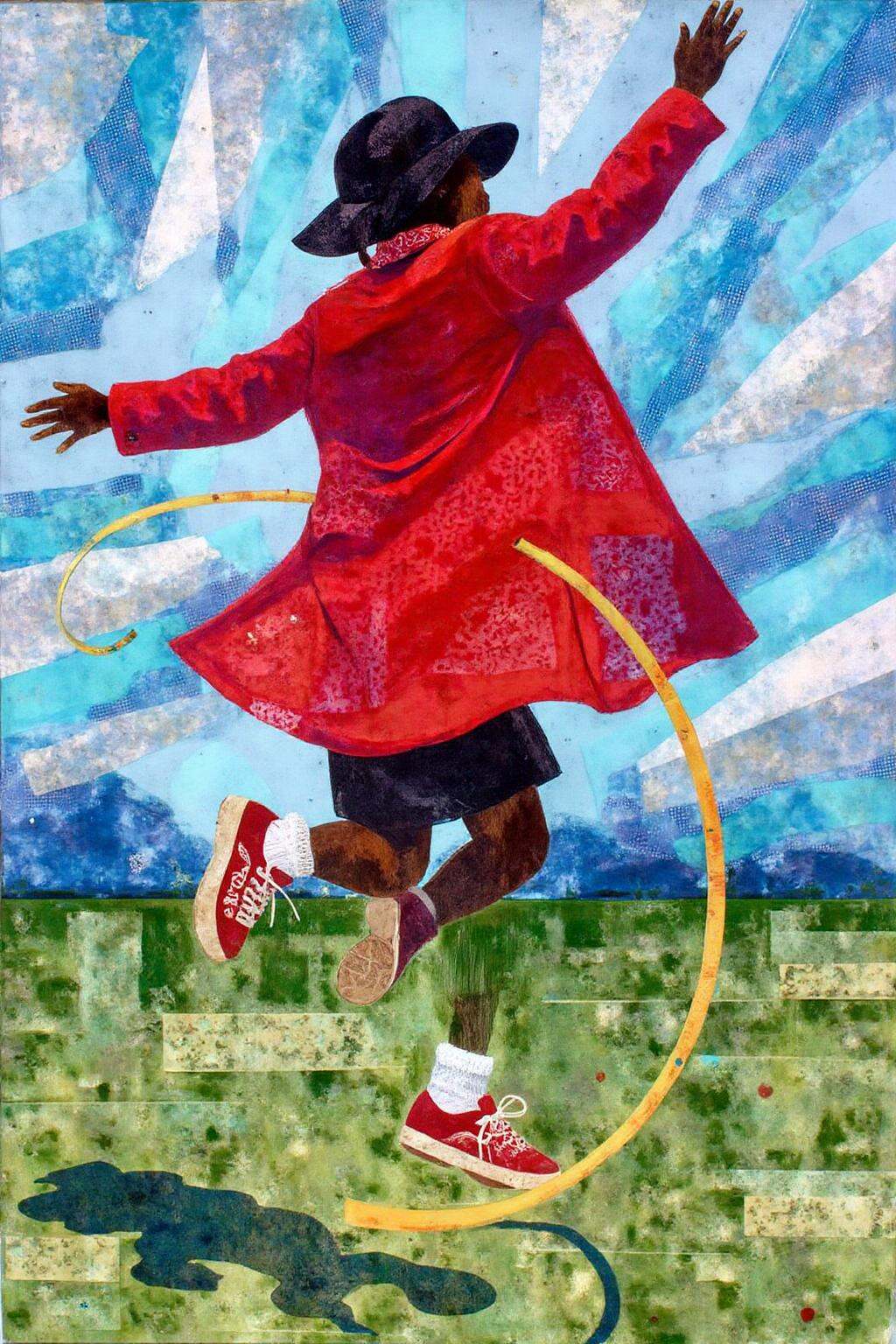 mixed media collage.a vibrant collage of a young girl in a red coat and black shorts is seen skipping the rope,  jumping i...