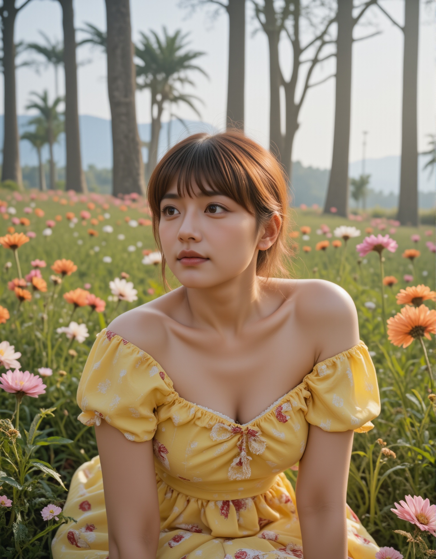 A young woman with fair skin and shoulder-length,  wavy auburn hair sits in a field of blooming orange and pink flowers. S...