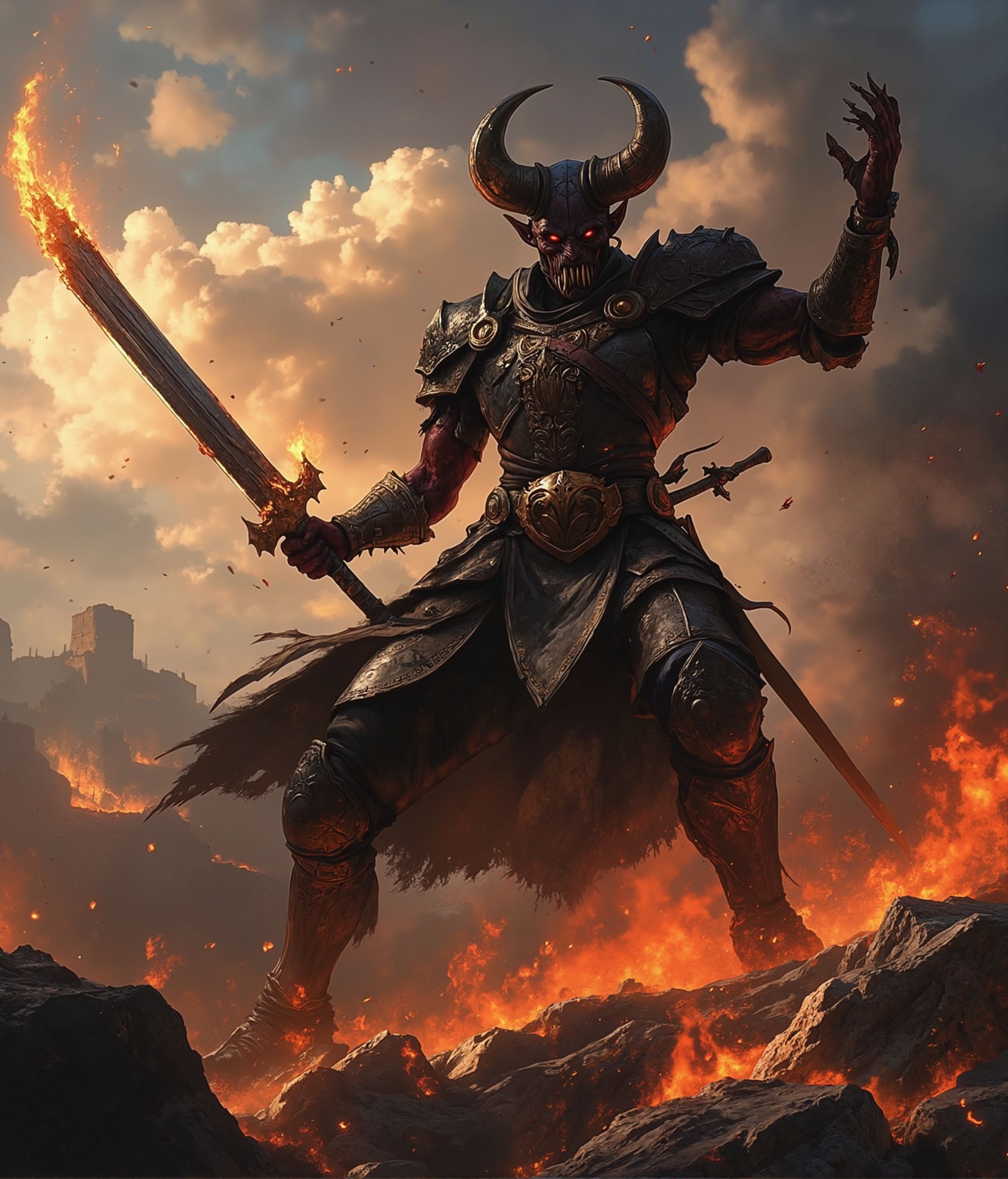 wide shot of a demonic demon warlord,  wearing a black and fiery full plate armor,  (swinging a massive flaming sword) fir...