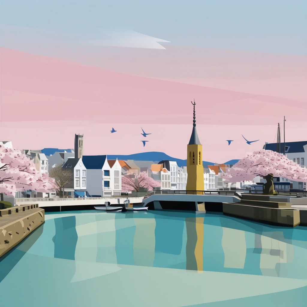 picturesque scene of a traditional Japanese pagoda and cherry blossoms against a backdrop of a tranquil,  colorful row of...